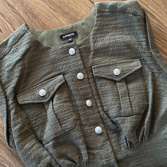 Express Tweed sleeveless utility romper army green Sz 10. military whimsical - Picture 3 of 7